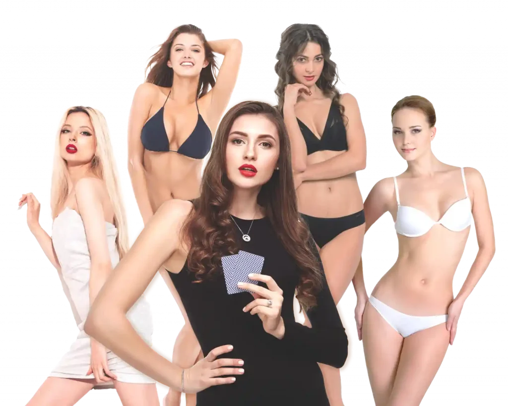 A collage of five women in various poses and outfits, including bikinis and evening wear, with one holding playing cards, against a white background, indicating a welcome sign of downloading Diwata Play App.