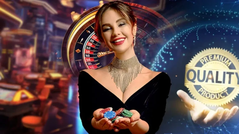 A smiling woman in a black evening gown and an elaborate diamond necklace, holding a handful of colorful casino chips, with a vivid casino roulette background and a glowing 'Premium Quality Product' seal.