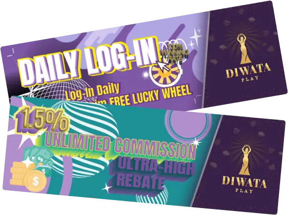 Promotional graphics for Diwata Play featuring vibrant purple and green designs highlighting bonuses such as 'Daily Log-In', '1.5% Unlimited Commission', and 'Ultra-High Rebate'. The graphics include elements like a roulette wheel, coins, and the Diwata Play logo.