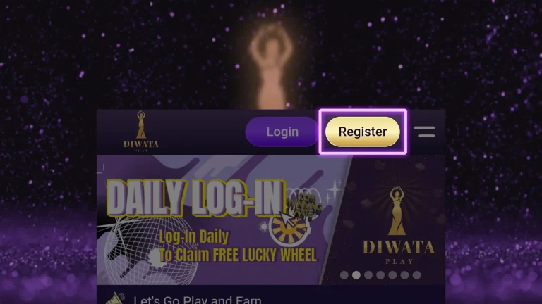 A detailed view of the Diwata Play website's registration page with a 'Login' and highlighted 'Register' button, against a sparkling purple background and a promotional banner for daily login rewards.