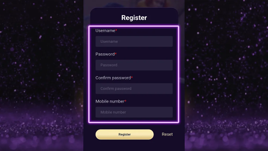 A detailed registration form on Diwata Play's website, displayed against a sparkling purple background. The form includes fields for username, password, confirm password, and mobile number with a 'Register' and 'Reset' button at the bottom.