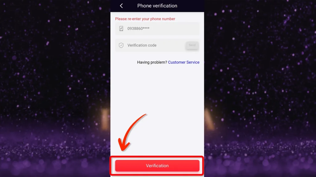 A phone verification page on Diwata Play’s website displaying a form to re-enter your phone number and receive a verification code, with a 'Verification' button highlighted in red.