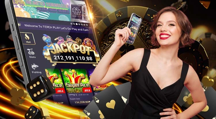 A cheerful woman in a black dress, holding a smartphone displaying a casino gaming app, stands next to a large, vibrant digital slot machine screen showing a jackpot total. The background features gold coins and heart symbols.