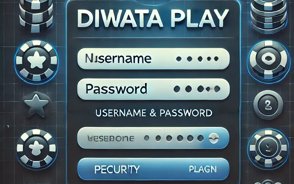 A secure Diwata Play sign-in page featuring fields for username and password, with a padlock icon symbolizing security. The background includes gaming elements like digital casino chips and game icons, emphasizing both protection and ease of access.