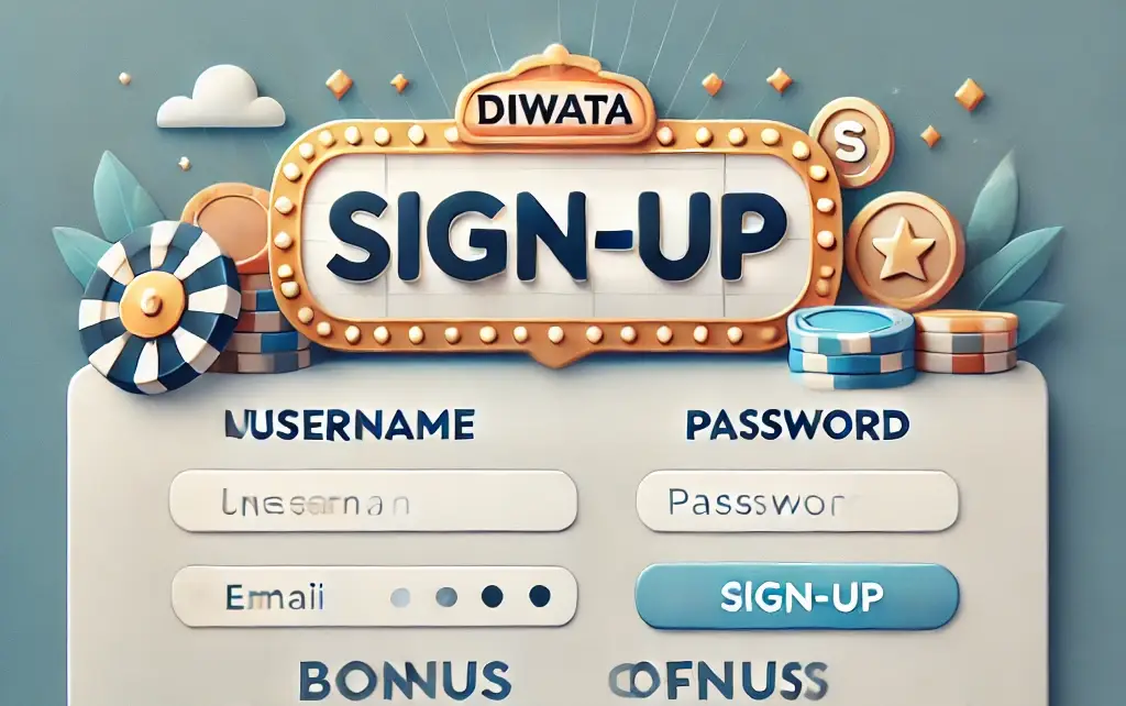 A clean and engaging sign-up page for Diwata Play featuring fields for username, email, and password. The design includes a welcoming banner with casino game icons, bonus offers, and a secure padlock symbol, emphasizing the ease and safety of creating an account.