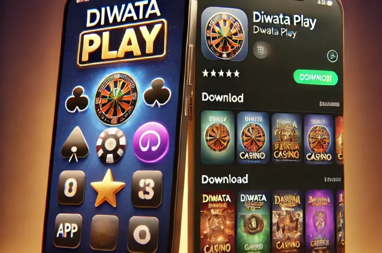 An app download screen for Diwata Play featuring a smartphone displaying the app interface with various casino games and a download button. The background includes app store icons for Android and iOS, and a welcoming banner promoting the benefits of downloading the app for a seamless gaming experience.