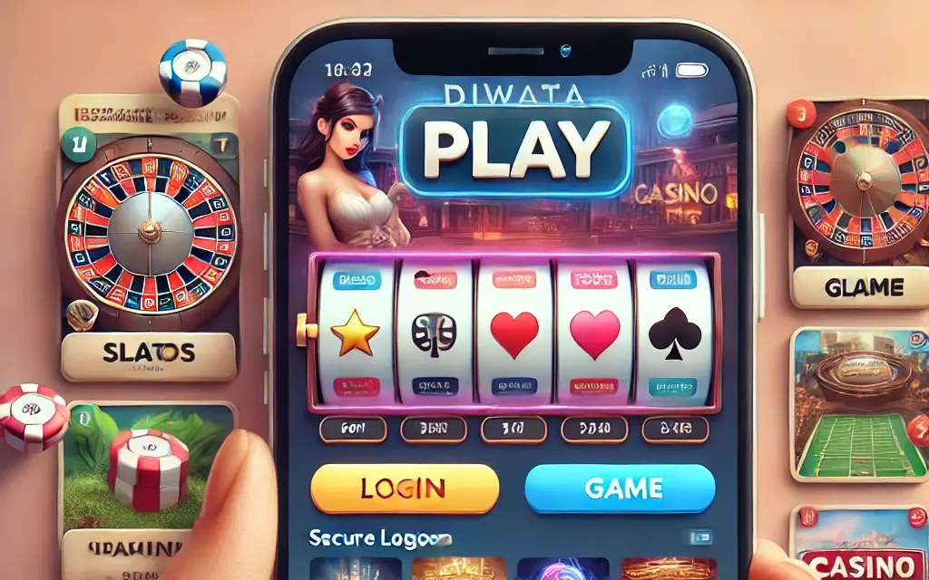 A mobile app interface for Diwata Play showcasing a variety of casino games, including slots and table games. The design features a secure login, game categories, and promotional banners, optimized for mobile use, highlighting the convenience of gaming on the go.