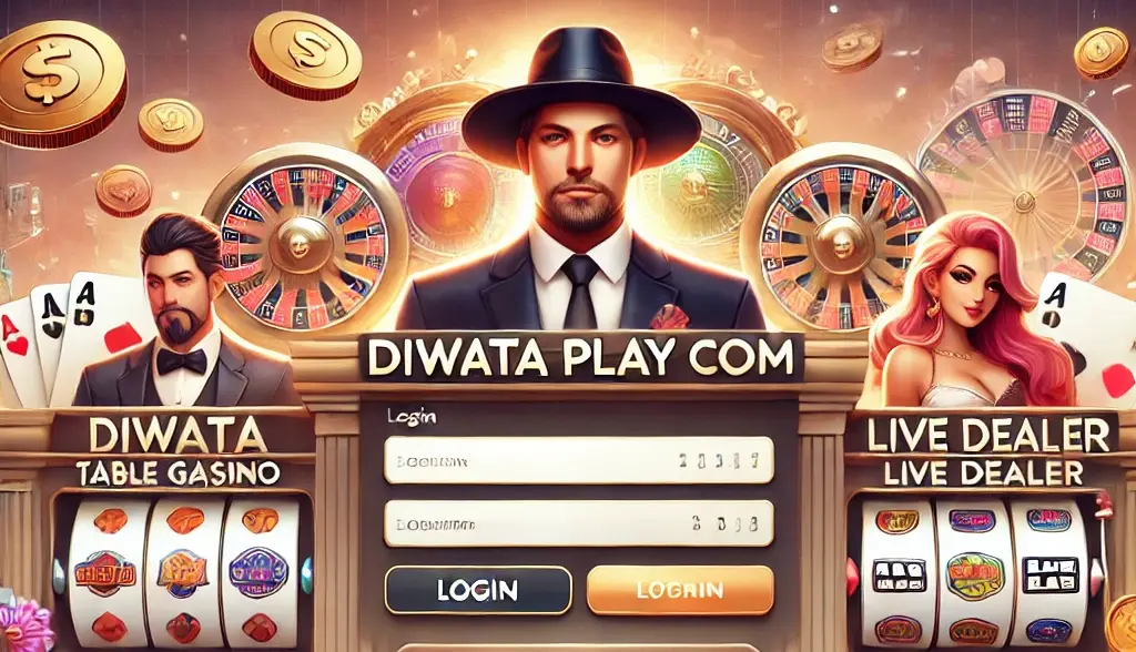 A sleek and professional online casino homepage for Diwata Play com, featuring slot machines, table games, and live dealer options. The design includes a secure login area, promotional banners, and digital coins, creating an inviting environment for players.