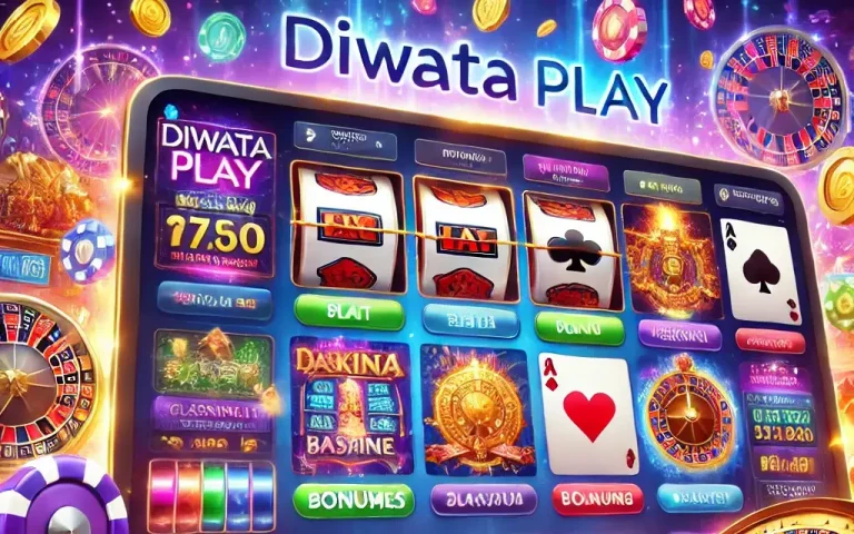 A lively online casino interface for Diwata Play featuring colorful slot machines, classic table games like blackjack and roulette, and digital coins and bonuses. The vibrant layout emphasizes the excitement and variety of online gaming.