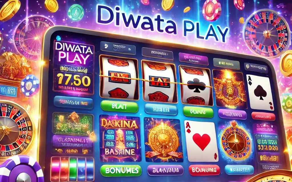 A lively online casino interface for Diwata Play featuring colorful slot machines, classic table games like blackjack and roulette, and digital coins and bonuses. The vibrant layout emphasizes the excitement and variety of online gaming.