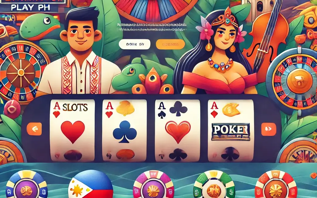 A colorful homepage for Diwata Play PH featuring a variety of casino games like slots, roulette, and poker. The design includes Philippine cultural elements, local currency symbols, and promotional banners, creating a welcoming environment tailored for Filipino players.