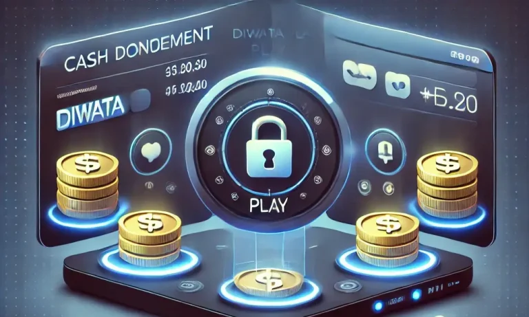 A secure and modern cash management page for Diwata Play, featuring options for deposits and withdrawals. The design includes digital coins, payment icons, and a padlock symbol representing security, highlighting fast and secure cash transactions for online gaming.