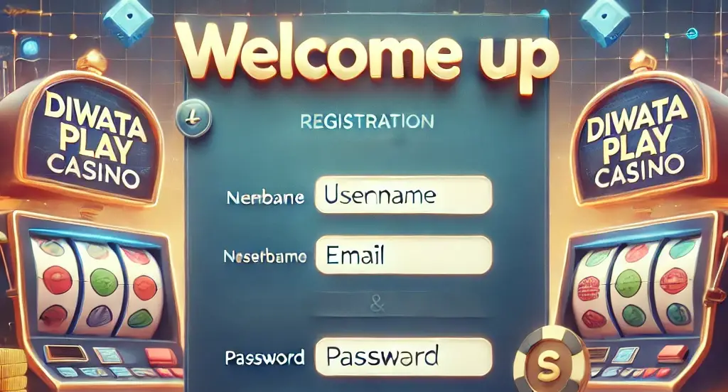 A welcoming and modern registration and login page for Diwata Play Casino featuring input fields for username, email, and password. The background includes casino-themed elements like slot machines and digital coins, emphasizing a secure and user-friendly experience for new players.