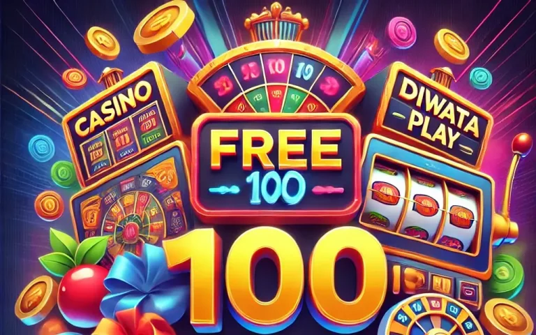 A vibrant promotional banner for Diwata Play featuring the "Free 100" bonus offer. The design includes casino elements such as slot machines, digital coins, and a large '100' in the center, with colorful banners promoting free spins and bonus rewards, creating an exciting and enticing visual.