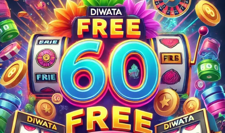 A vibrant promotional banner for Diwata Play showcasing the "Free 60 No Deposit Bonus" offer. The design includes slot machines, digital coins, and a large '60' in the center, with colorful banners highlighting free spins and no deposit required, creating an exciting visual.