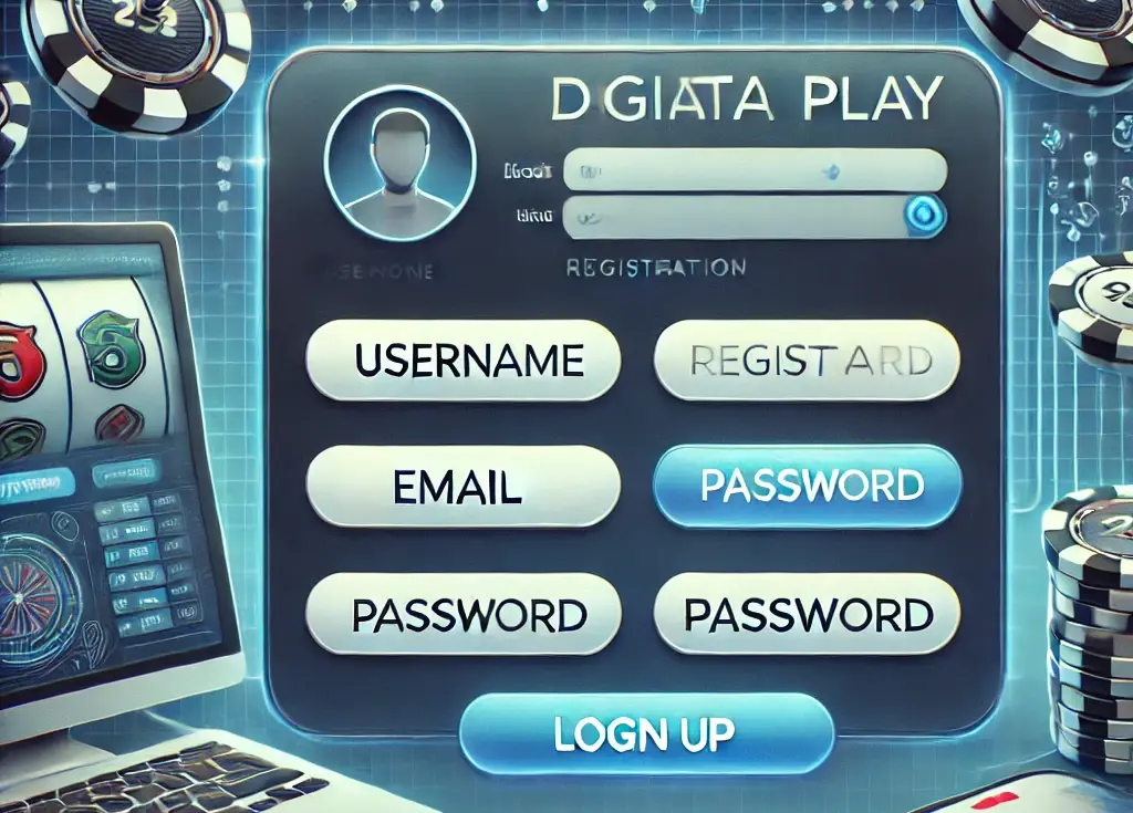 A modern and secure login and registration page for Diwata Play featuring input fields for username, email, and password. The background includes digital elements like casino chips and slot machines, emphasizing ease of access and security for signing up and logging in to the platform.