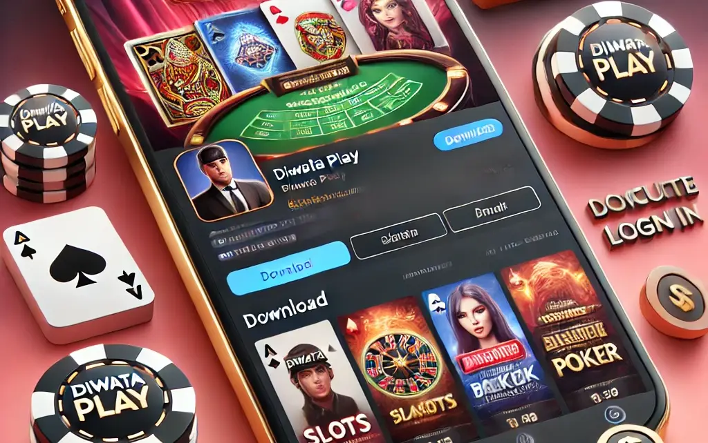 A sleek and modern mobile app interface for Diwata Play showcasing casino games such as slots, blackjack, and poker. The design features a prominent download button, a secure login area, and promotional banners for exclusive bonuses, optimized for mobile gaming.