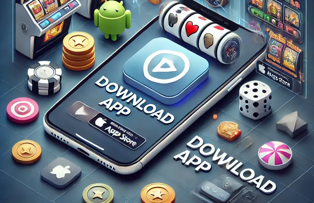 A modern mobile app download page for Diwata Play, showcasing various casino games available on the app. The design features a prominent "Download App" button, app store icons for both Android and iOS, and visual elements like slot machines and digital coins, highlighting the convenience and excitement of mobile gaming.