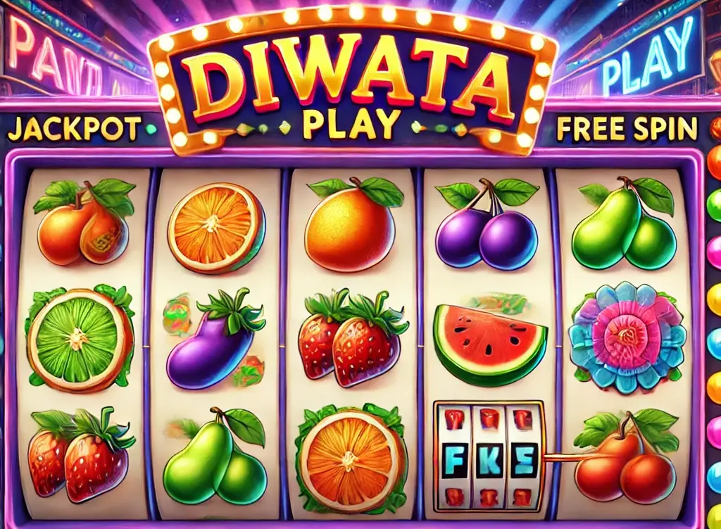 A colorful and vibrant slot machine interface for Diwata Play, featuring reels with symbols like fruits, wilds, and scatters. The design includes jackpot and free spin indicators, with lively animations and a dynamic casino background, highlighting the excitement of playing slots.